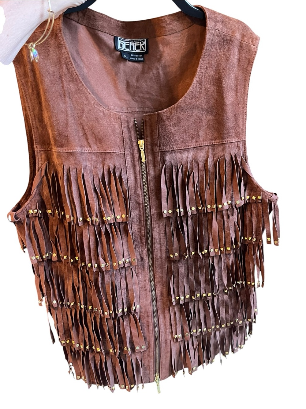 Vintage Leather Fringe Vest Studded Western Coastal Cowgirl Country Concert XL